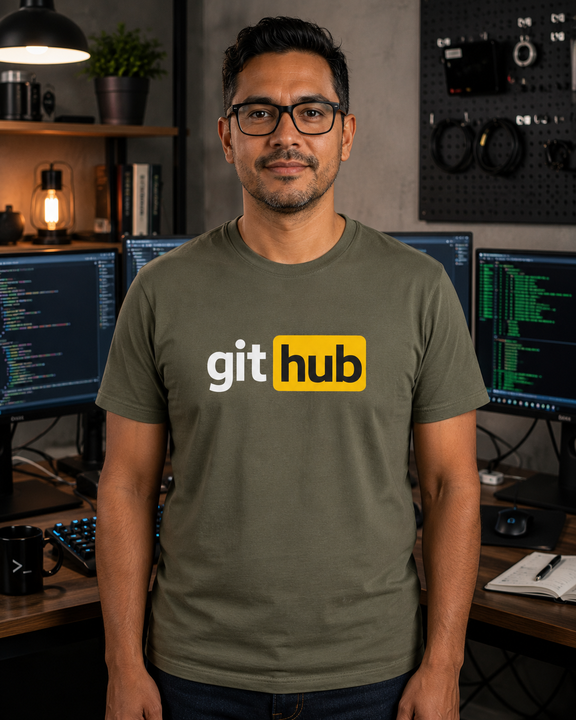 Git Hub developer humour t-shirt in military green worn in a DevOps coding workspace