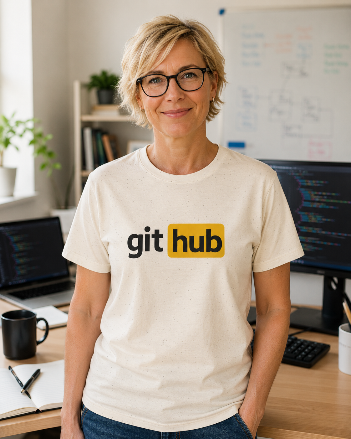 Git Hub developer humour t-shirt in natural worn in a coding tutor workspace