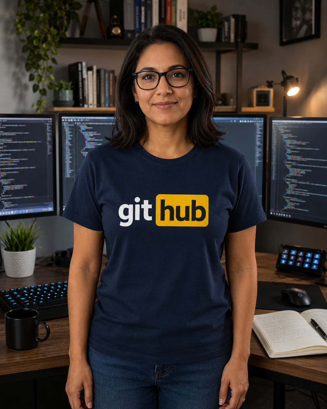 Git Hub developer humour t-shirt in navy worn in a tech workspace