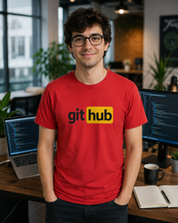 Thumbnail for Git Hub developer humour t-shirt in red worn in a coding workspace