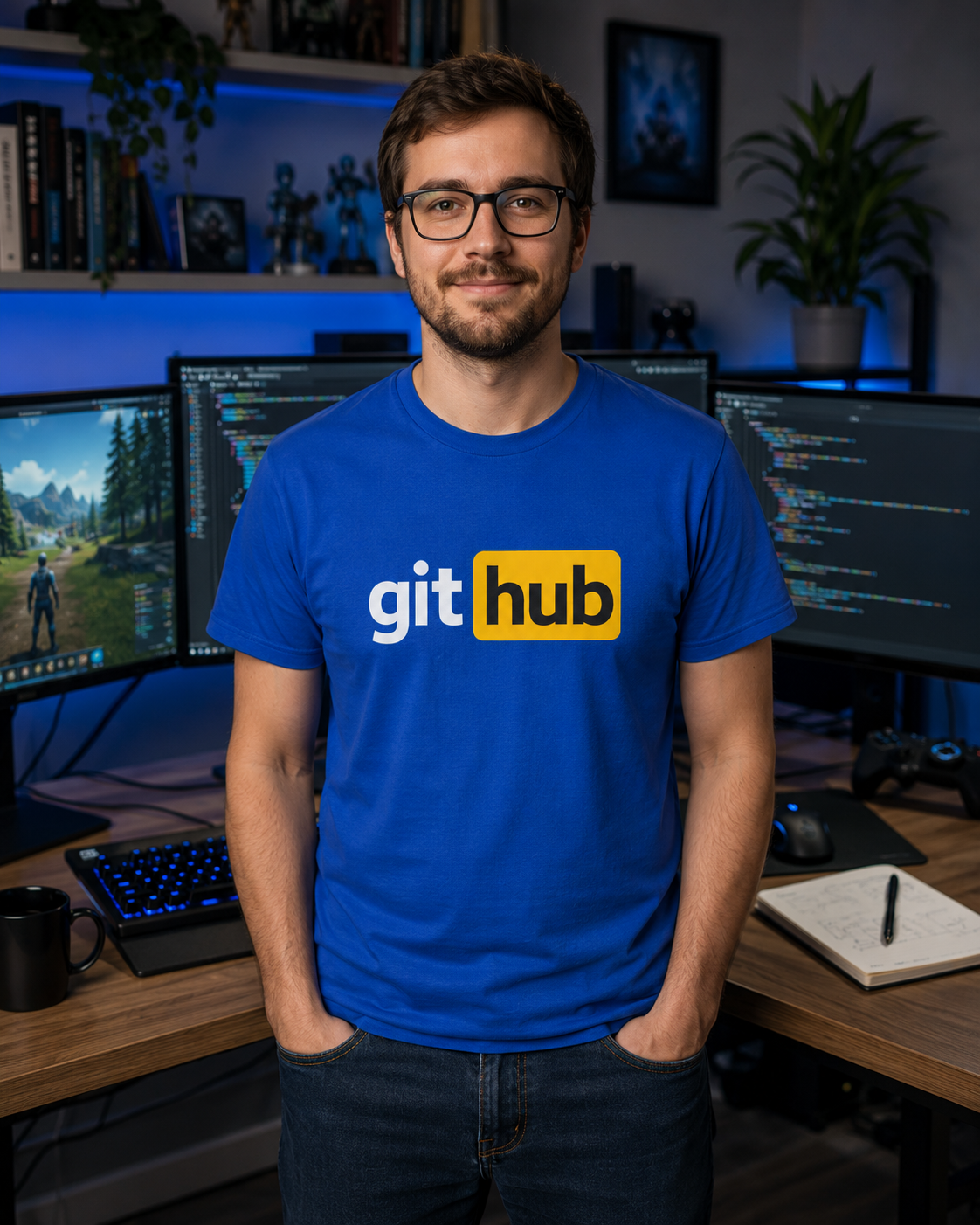 Git Hub developer humour t-shirt in royal blue worn in a gaming developer workspace