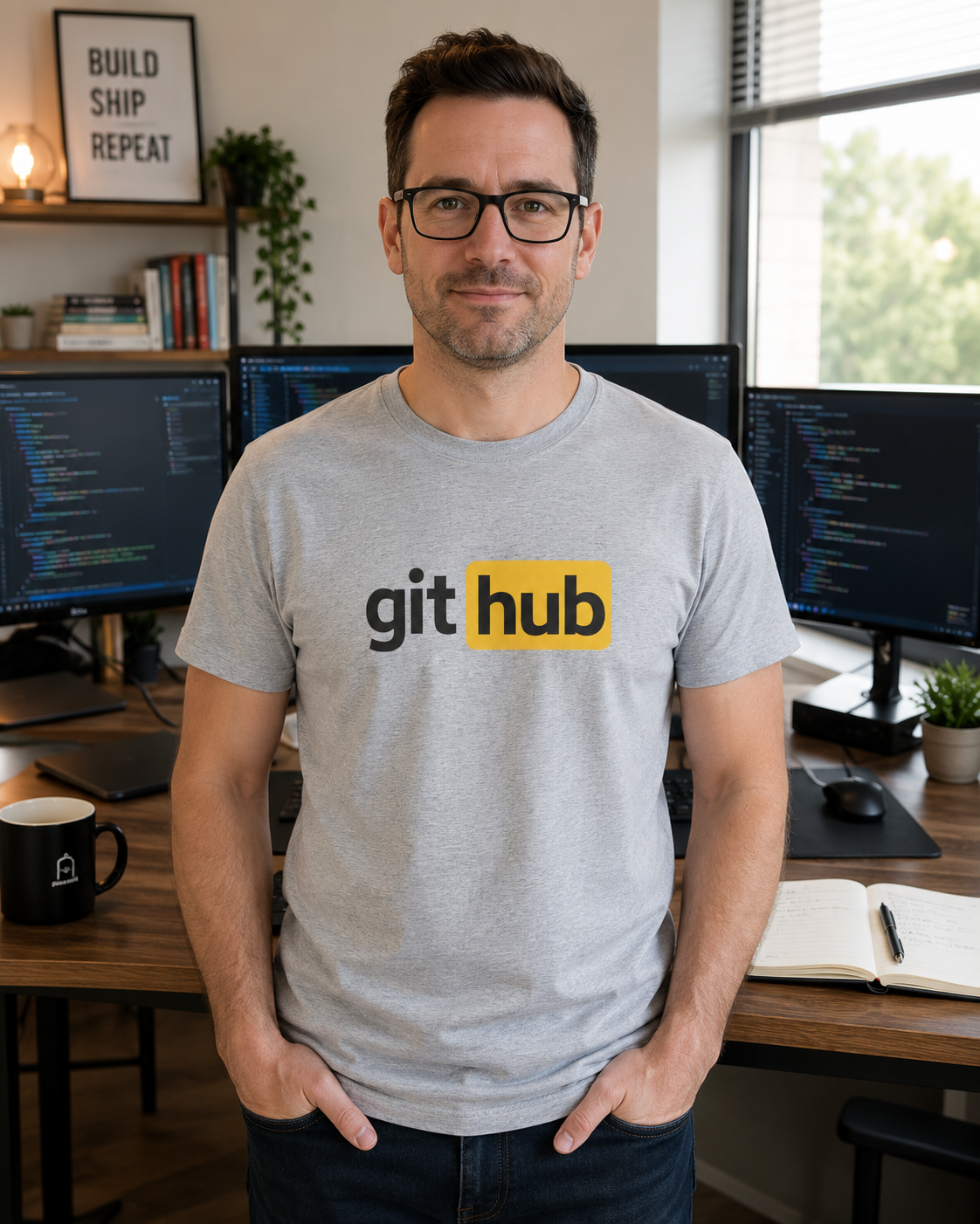 Git Hub developer humour t-shirt in sports grey worn in a startup coding workspace