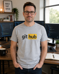 Thumbnail for Git Hub developer humour t-shirt in sports grey worn in a startup coding workspace