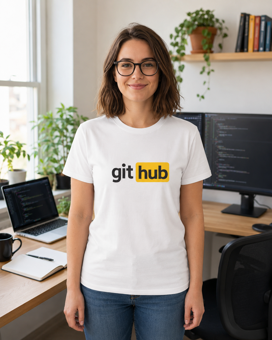Git Hub developer humour t-shirt in white worn in a home office coding workspace