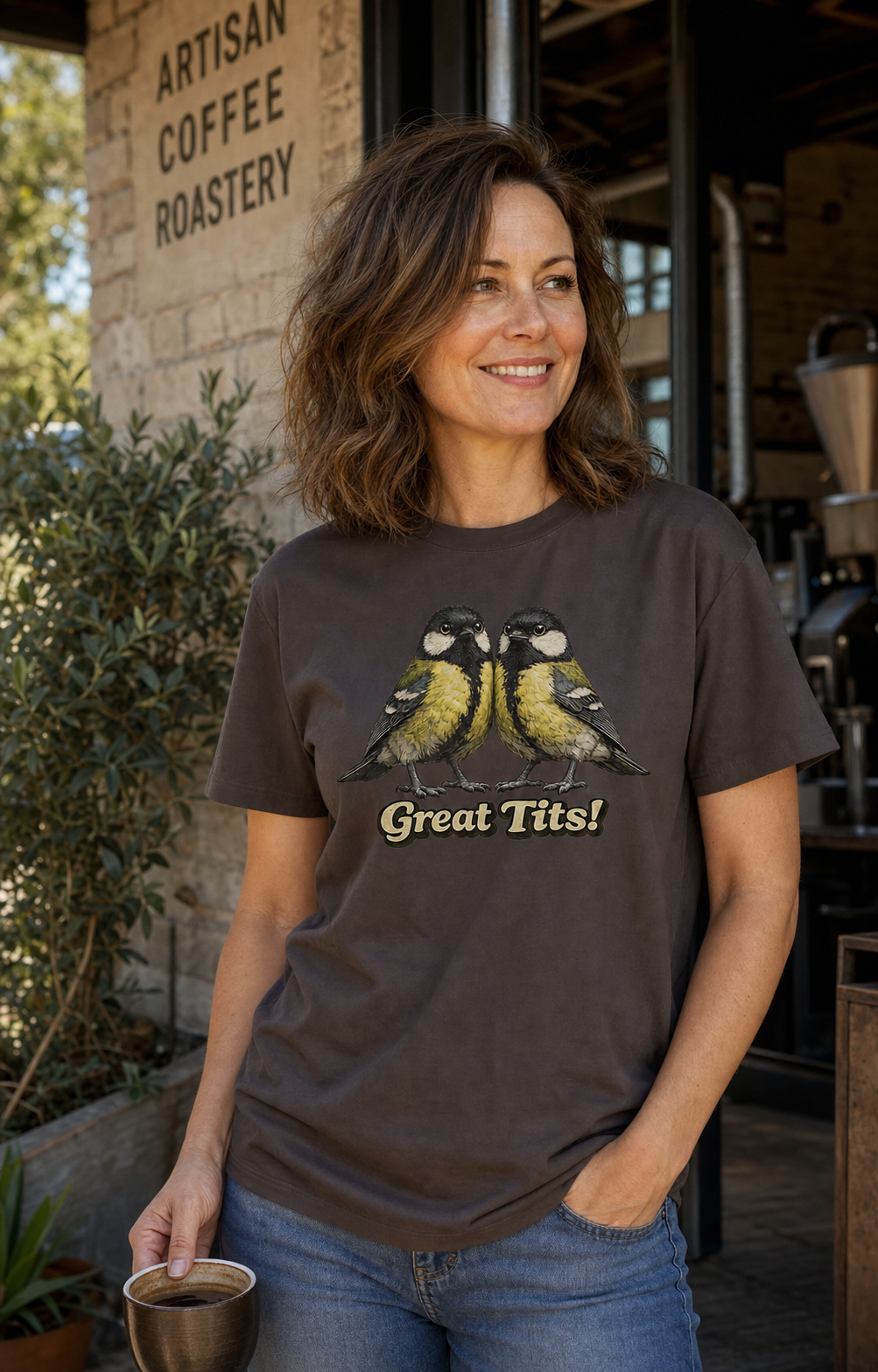 Great Tits T-shirt – Dark Chocolate lifestyle image