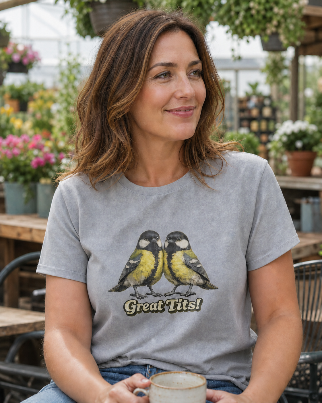 Great Tits birds graphic on a Sport Grey T-shirt, worn in a garden-centre café lifestyle image — 2 px edge-blend test