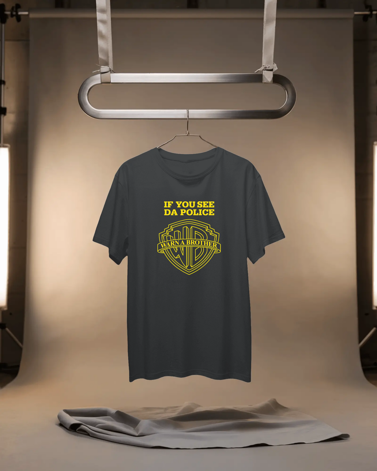 If You See Da Police Warn A Brother T-Shirt in Black, flat mockup image