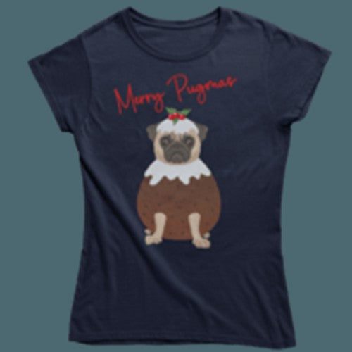 Fitted women's Christmas T-shirt featuring a festive pug design by 8Ball Originals, perfect for holiday celebrations.
