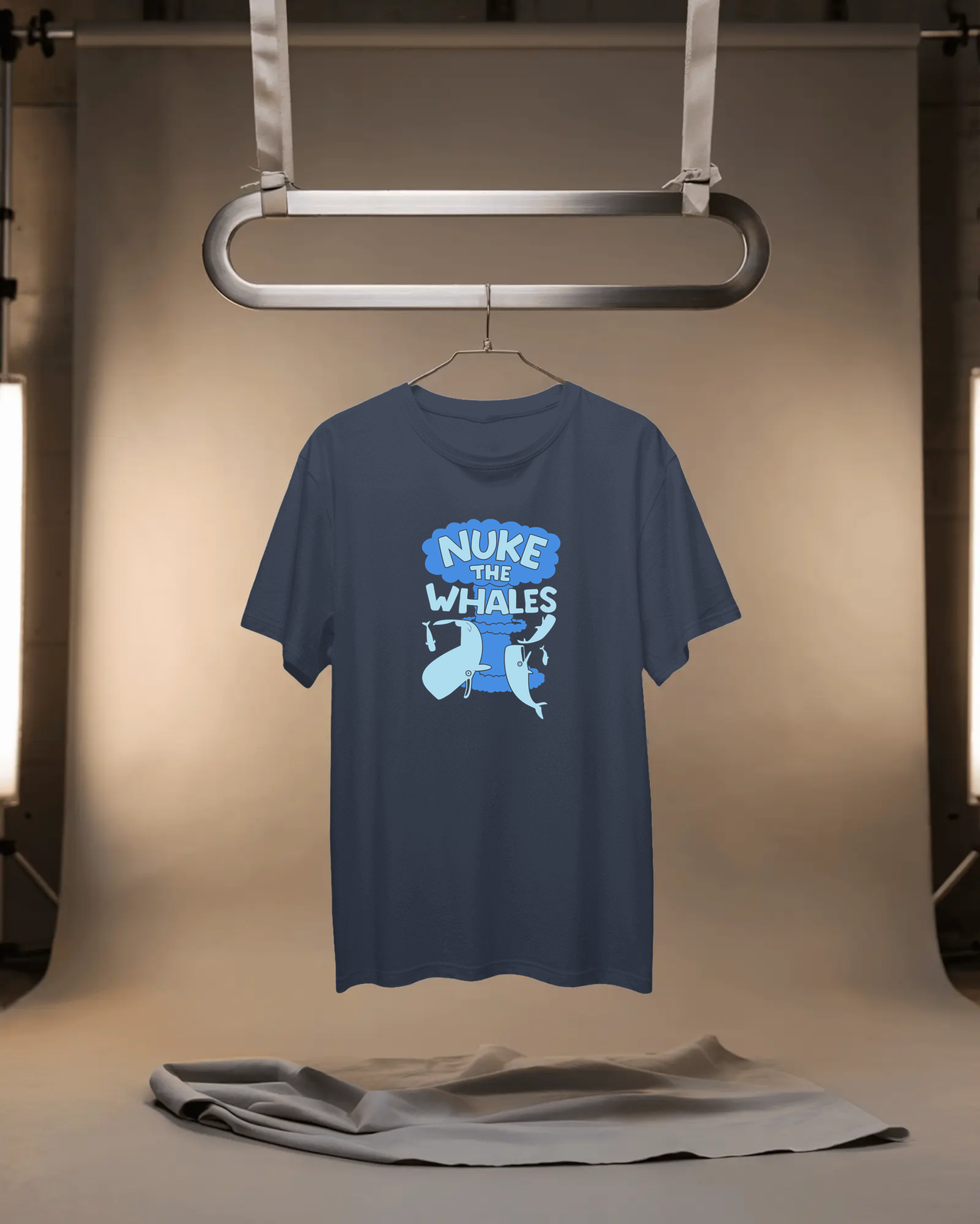 Nuke The Whales T-Shirt in Navy flat mockup