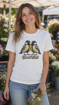 White Great Tits bird pun T-shirt short Reel filmed in a flower market setting.