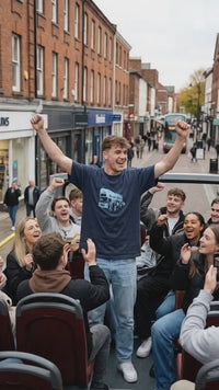 Bus Wankers T-Shirt inspired by The Inbetweeners worn near a bus in a comedy lifestyle video