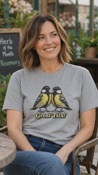 Sport Grey Great Tits bird pun T-shirt short Reel filmed in a garden-centre cafe setting.