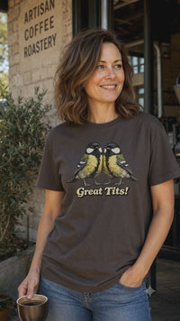 Dark Chocolate Great Tits bird pun T-shirt short Reel filmed in a coffee roastery setting.