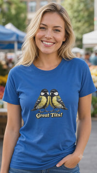 Royal Great Tits bird pun T-shirt short Reel filmed in an urban market setting.