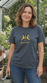 Dark Heather Great Tits bird pun T-shirt short Reel filmed in a greenhouse setting.