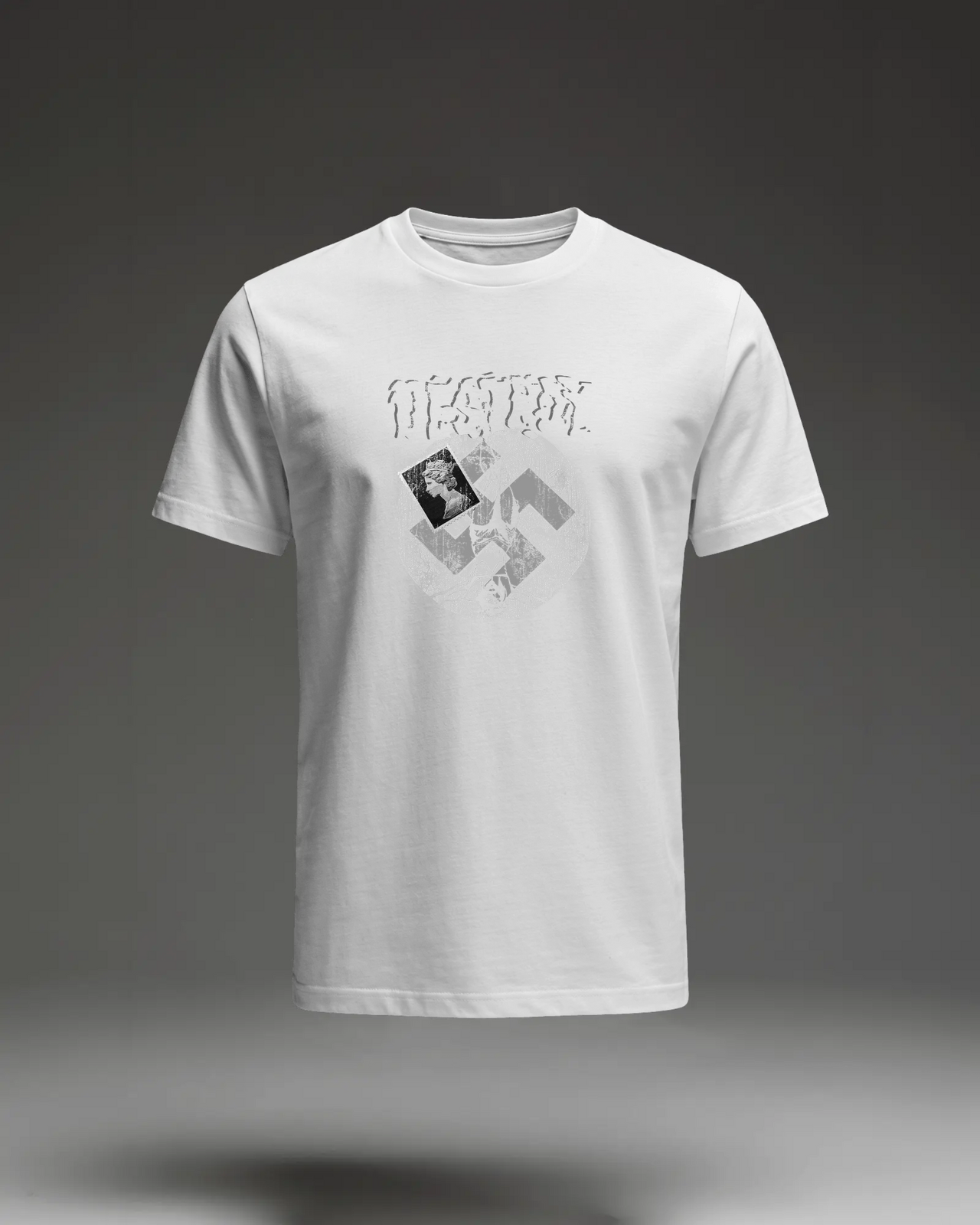 Punk Destroy BnW T-Shirt in White, flat mockup image