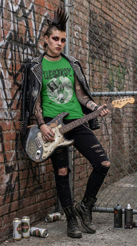 Thumbnail for Punk Destroy BnW T-Shirt in Irish Green worn by a female punk rocker in an urban lifestyle image