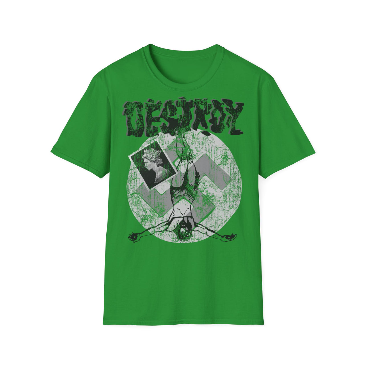 Punk Destroy BnW T-Shirt in Irish Green, Sex Pistols inspired punk graphic tee flat mockup