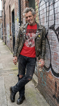 Thumbnail for Punk Destroy BnW T-Shirt in Red worn by a male punk rocker in an urban lifestyle image