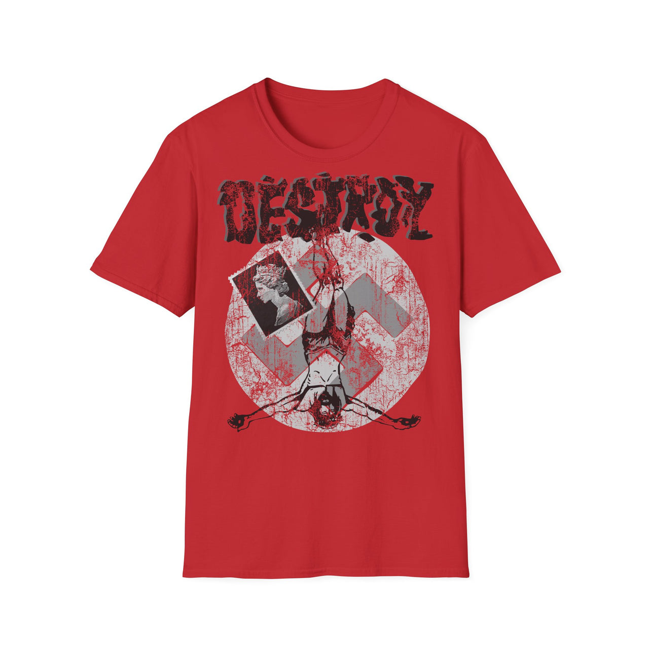 Punk Destroy BnW T-Shirt in Red, Sex Pistols inspired punk graphic tee flat mockup