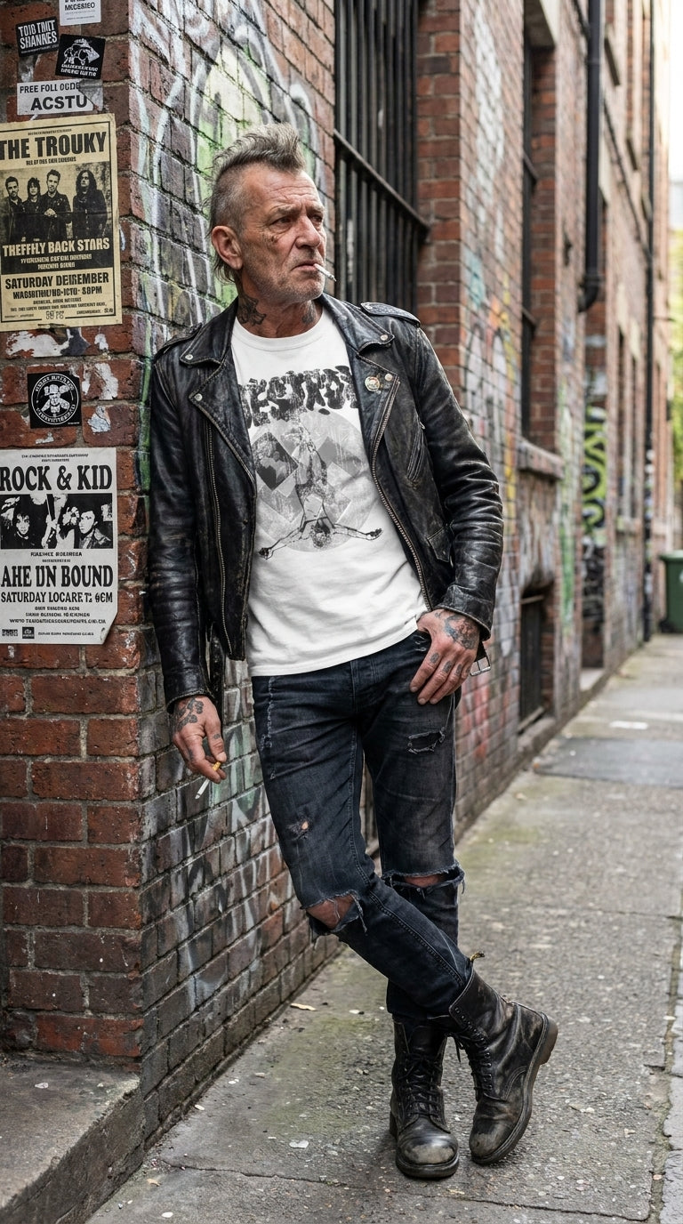 Punk Destroy BnW T-Shirt in White worn by a male punk rocker in an urban alley lifestyle image