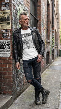 Thumbnail for Punk Destroy BnW T-Shirt in White worn by a male punk rocker in an urban alley lifestyle image