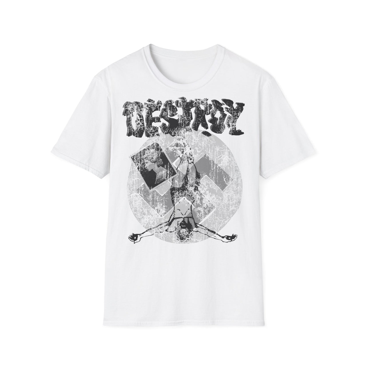 Punk Destroy BnW T-Shirt in White, Sex Pistols inspired punk graphic tee flat mockup
