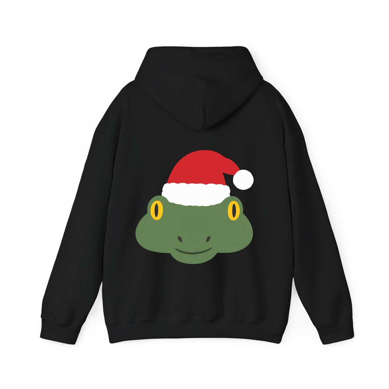 Santa frog Christmas back print hoodie in Black, back view with the Santa animal illustration.