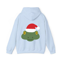Thumbnail for Santa frog Christmas back print hoodie in Light Blue, back view with the Santa animal illustration.