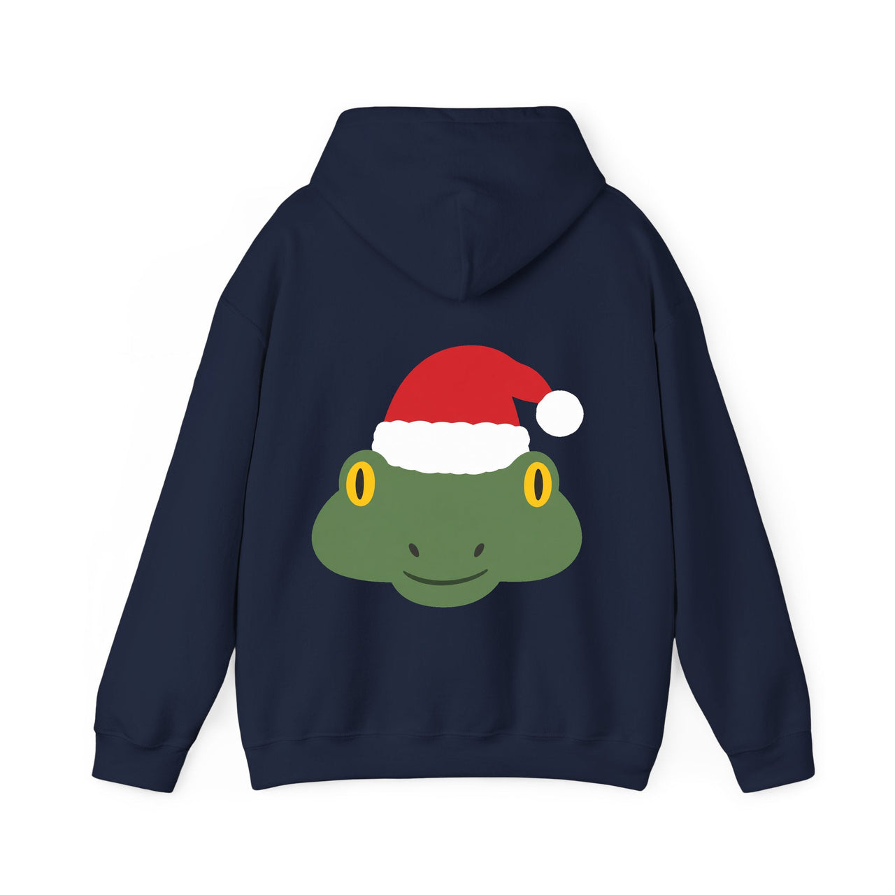 Santa frog Christmas back print hoodie in Navy, back view with the Santa animal illustration.
