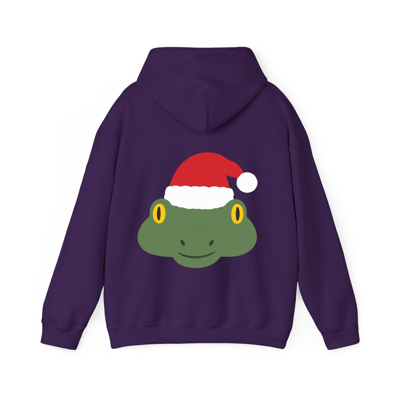 Santa frog Christmas back print hoodie in Purple, back view with the Santa animal illustration.