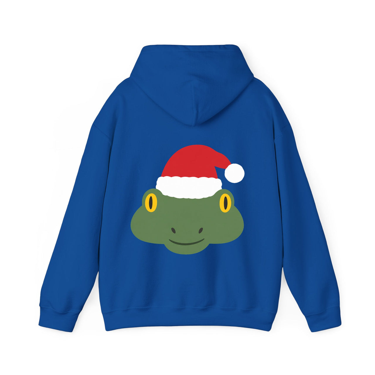 Santa frog Christmas back print hoodie in Royal, back view with the Santa animal illustration.