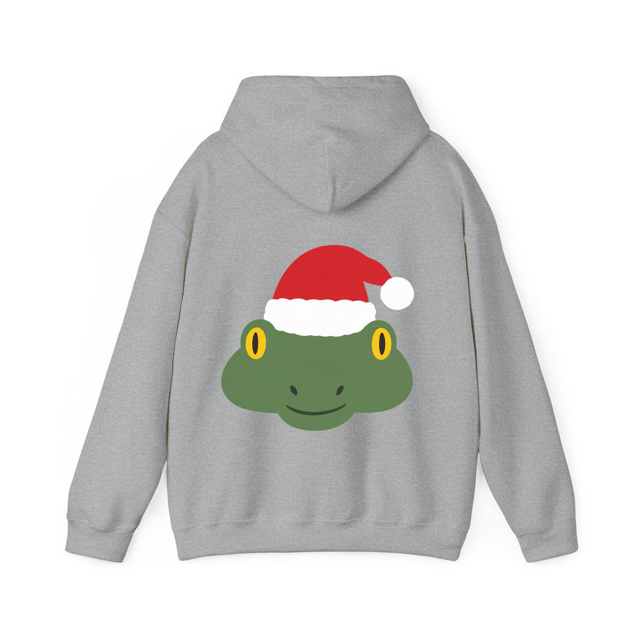 Santa frog Christmas back print hoodie in Sport Grey, back view with the Santa animal illustration.