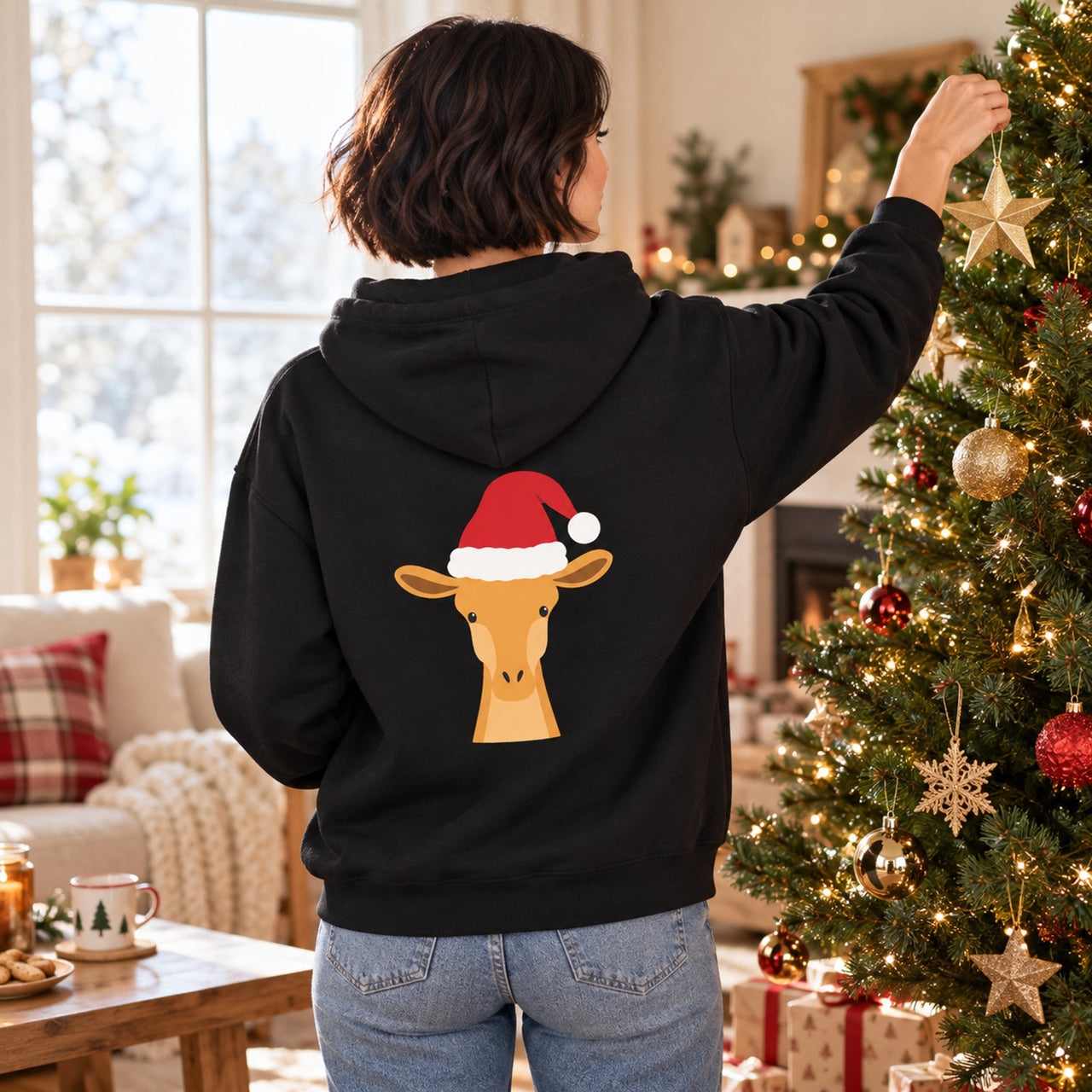 Santa Giraffe Christmas Back Print Hoodie in Black, worn in a Christmas home setting with the Santa giraffe back print visible.