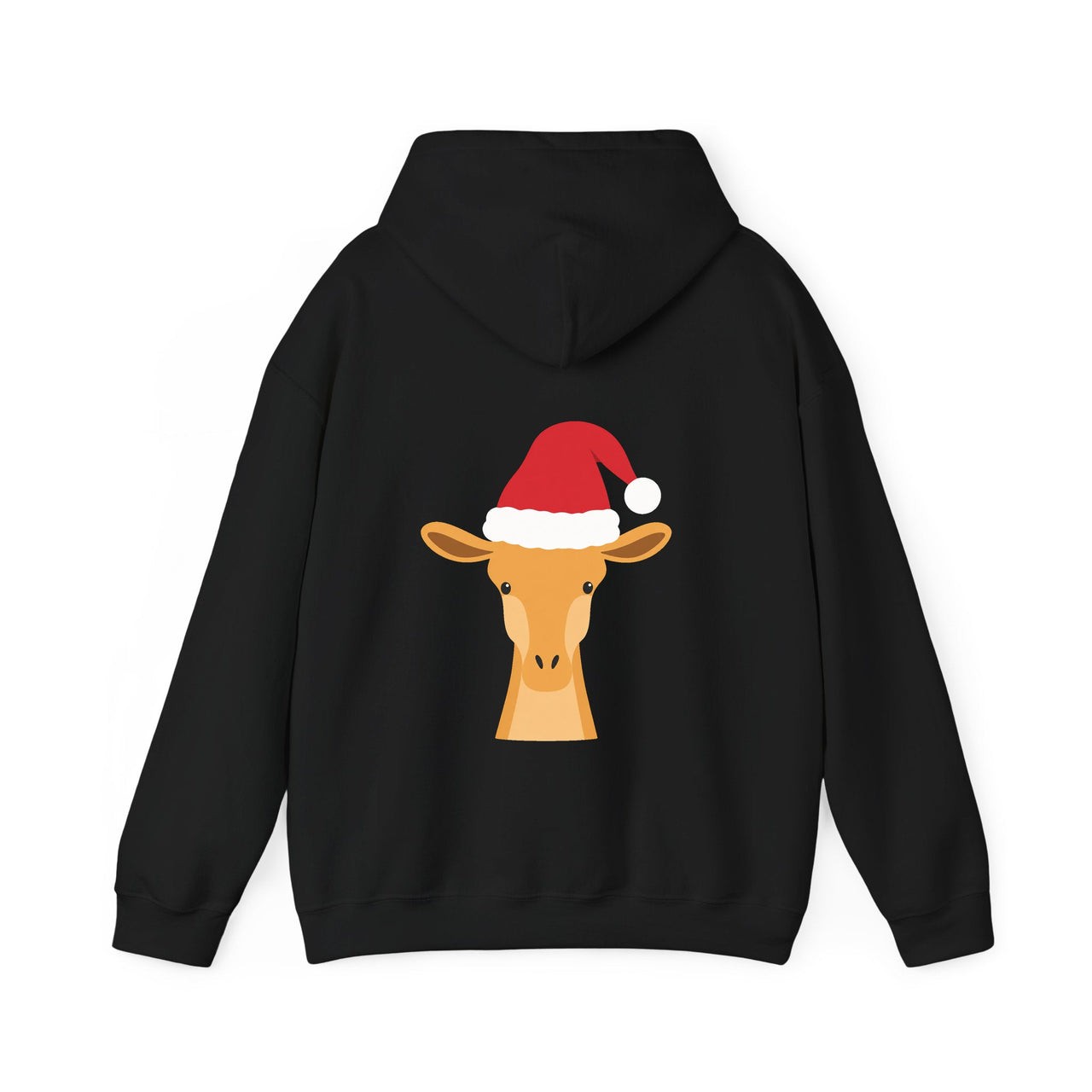 Santa giraffe Christmas back print hoodie in Black, back view with the Santa animal illustration.