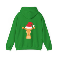 Thumbnail for Santa giraffe Christmas back print hoodie in Irish Green, back view with the Santa animal illustration.