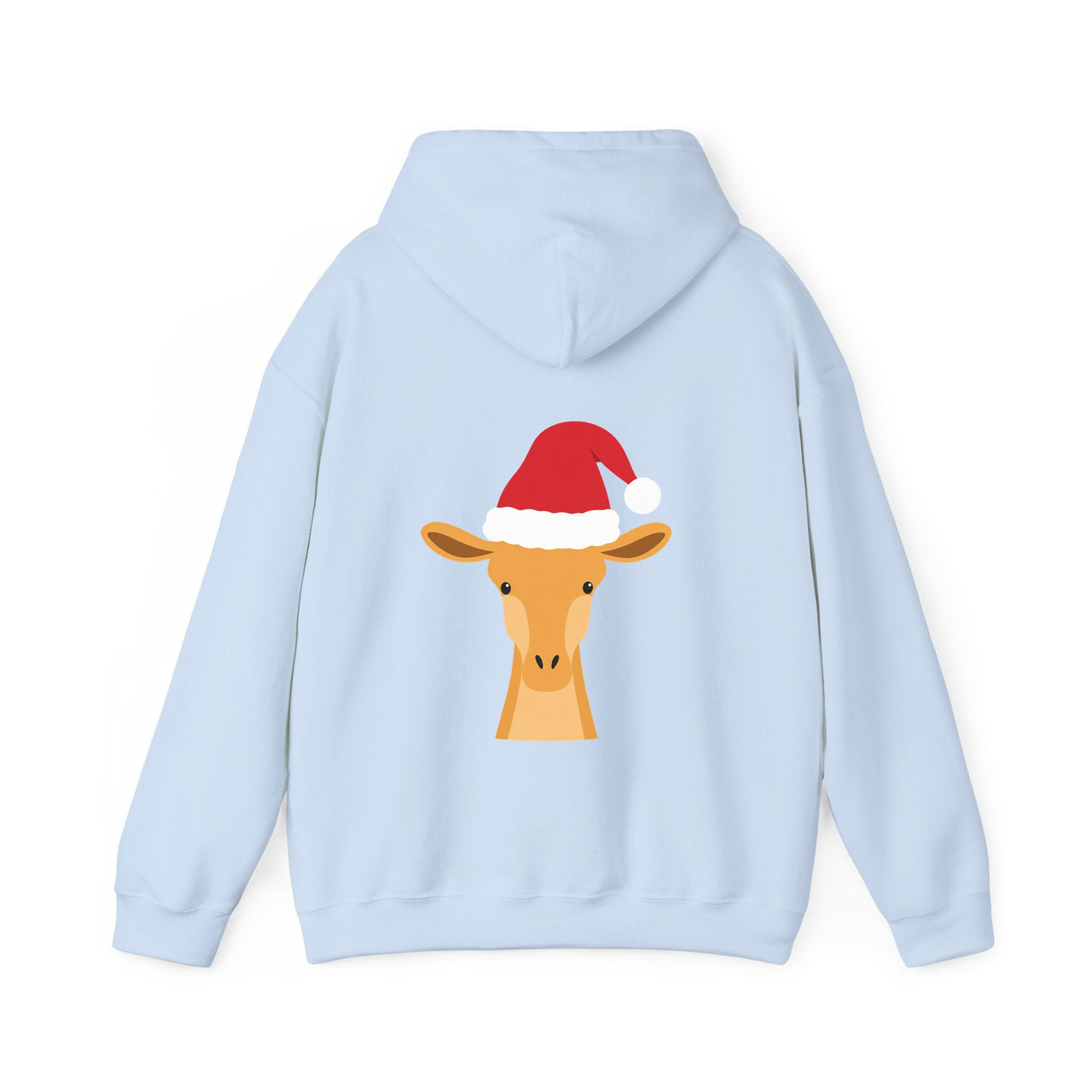 Santa giraffe Christmas back print hoodie in Light Blue, back view with the Santa animal illustration.