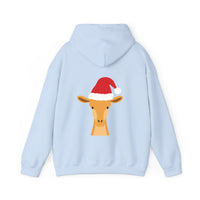Thumbnail for Santa giraffe Christmas back print hoodie in Light Blue, back view with the Santa animal illustration.
