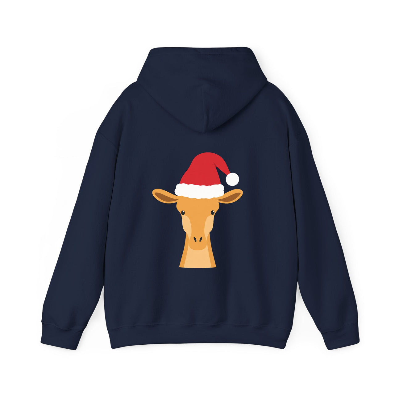 Santa giraffe Christmas back print hoodie in Navy, back view with the Santa animal illustration.