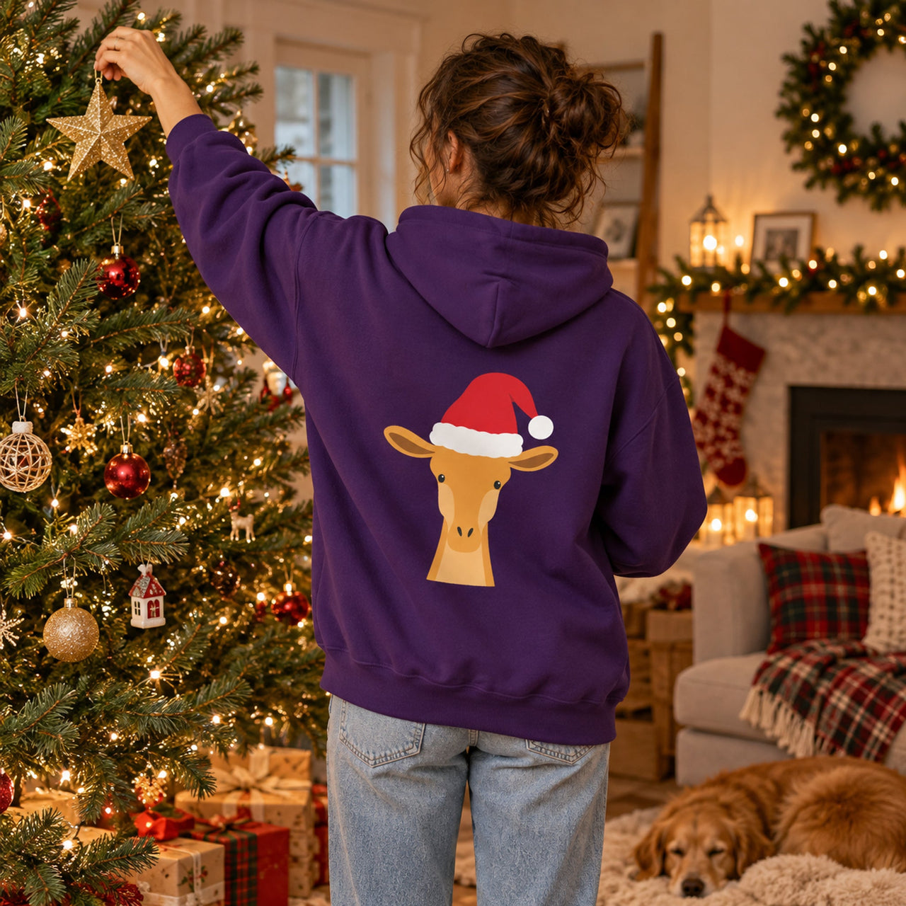 Santa Giraffe Christmas Back Print Hoodie in Purple, worn in a Christmas home setting with the Santa giraffe back print visible.