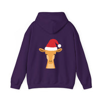 Thumbnail for Santa giraffe Christmas back print hoodie in Purple, back view with the Santa animal illustration.