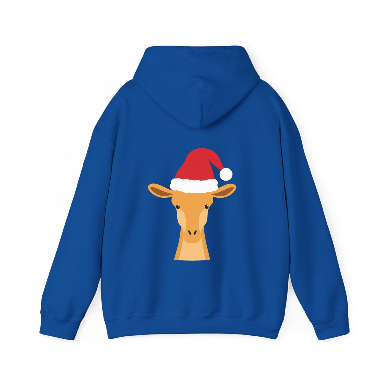 Santa giraffe Christmas back print hoodie in Royal, back view with the Santa animal illustration.