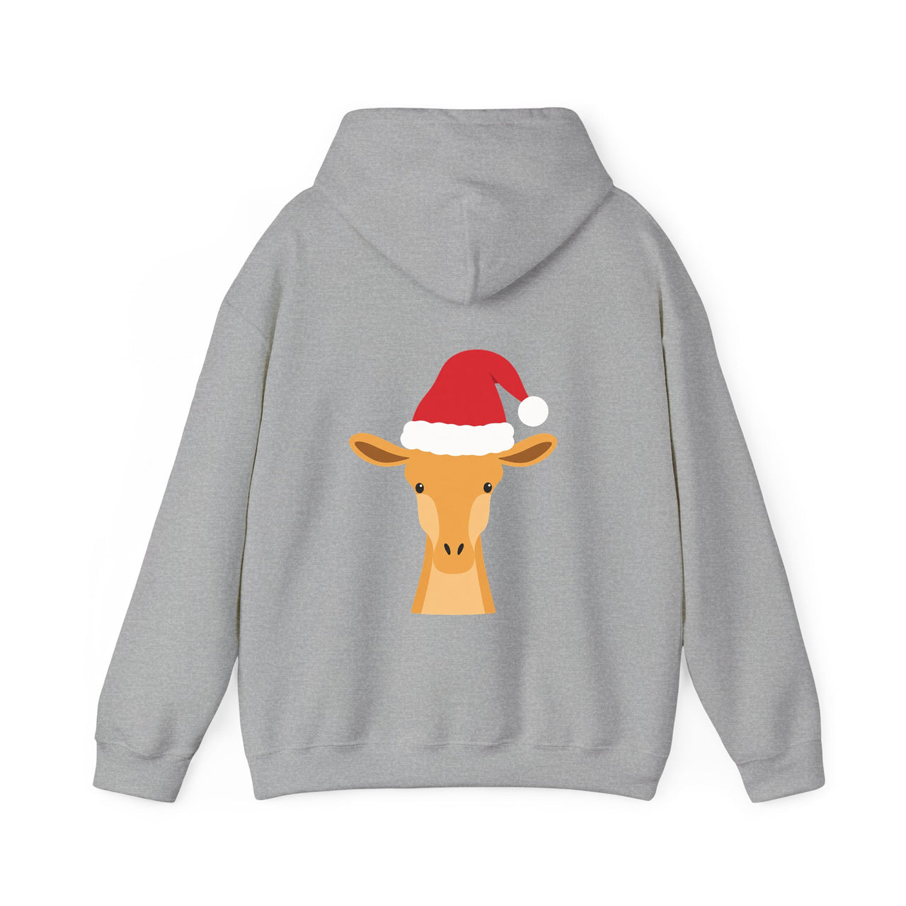 Santa giraffe Christmas back print hoodie in Sport Grey, back view with the Santa animal illustration.