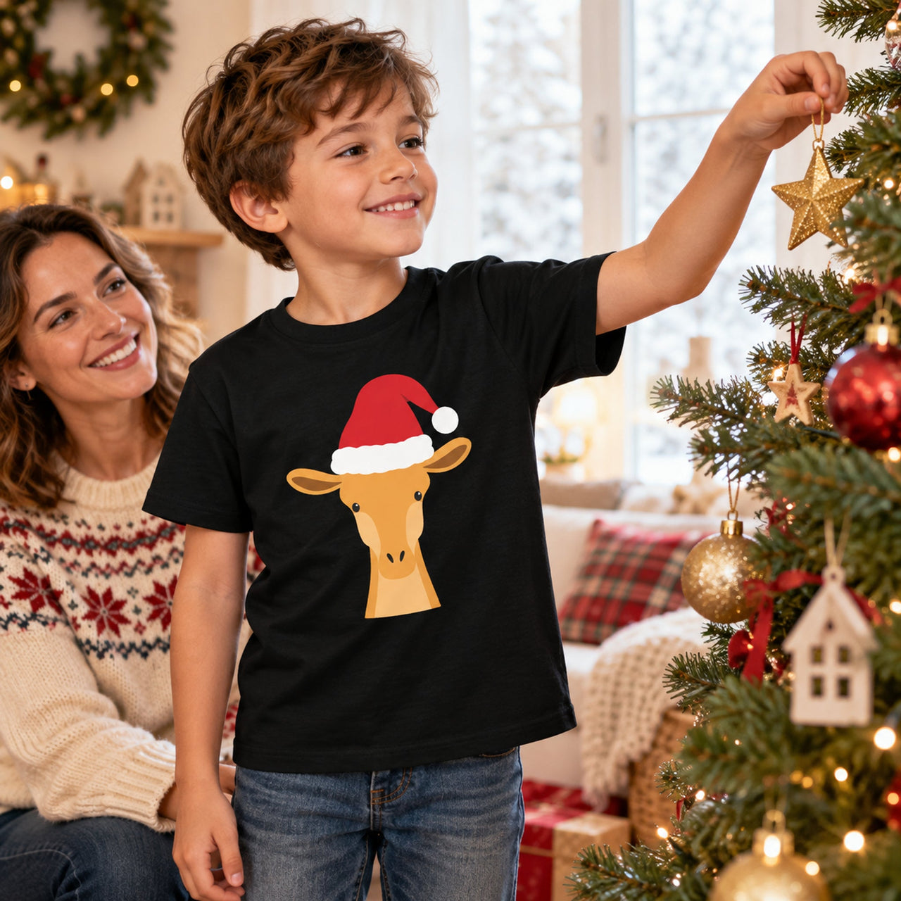 Santa Giraffe Christmas Kids T-Shirt in Black, worn in a Christmas home setting with the Santa giraffe front print visible.