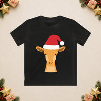 Thumbnail for Santa giraffe Christmas kids t shirt in Black, front view with the Santa animal illustration on a Christmas flat-lay background.