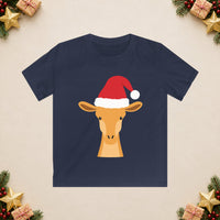 Thumbnail for Santa giraffe Christmas kids t shirt in Navy, front view with the Santa animal illustration on a Christmas flat-lay background.