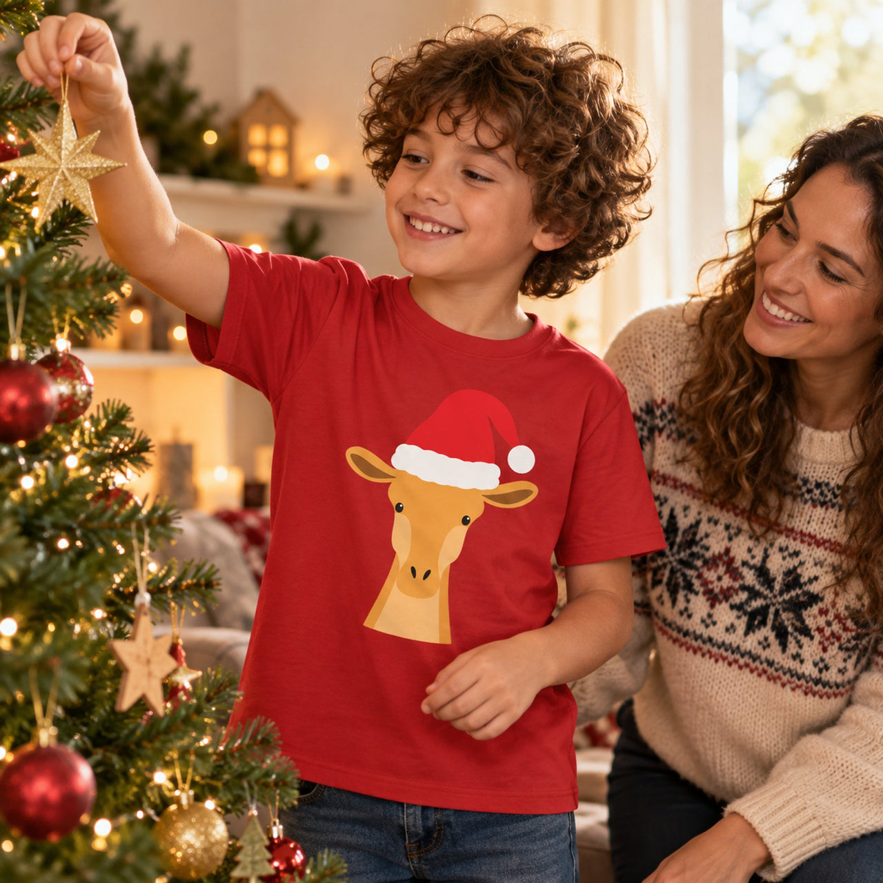 Santa Giraffe Christmas Kids T-Shirt in Red, worn in a Christmas home setting with the Santa giraffe front print visible.