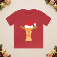 Thumbnail for Santa giraffe Christmas kids t shirt in Red, front view with the Santa animal illustration on a Christmas flat-lay background.