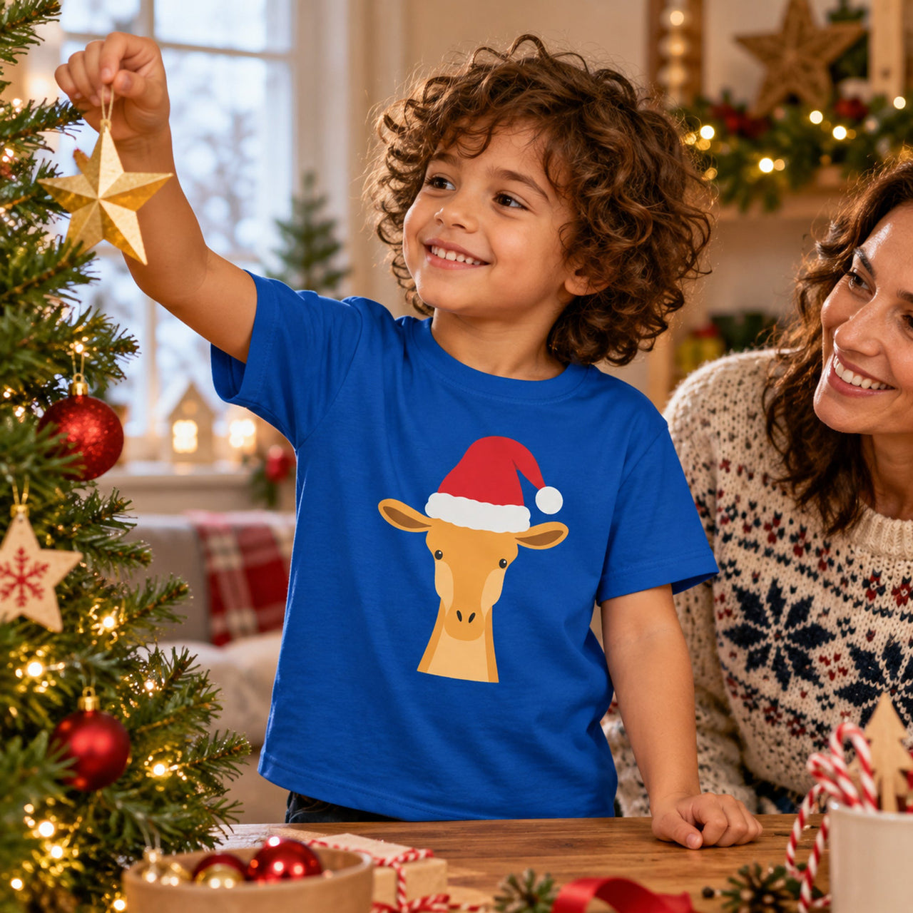 Santa Giraffe Christmas Kids T-Shirt in Royal, worn in a Christmas home setting with the Santa giraffe front print visible.