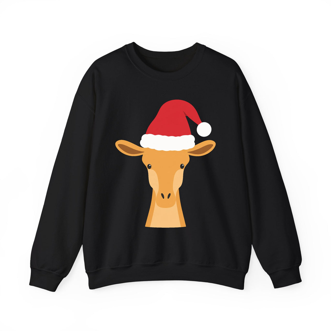 Santa giraffe Christmas sweatshirt in Black, front view with the Santa animal illustration.